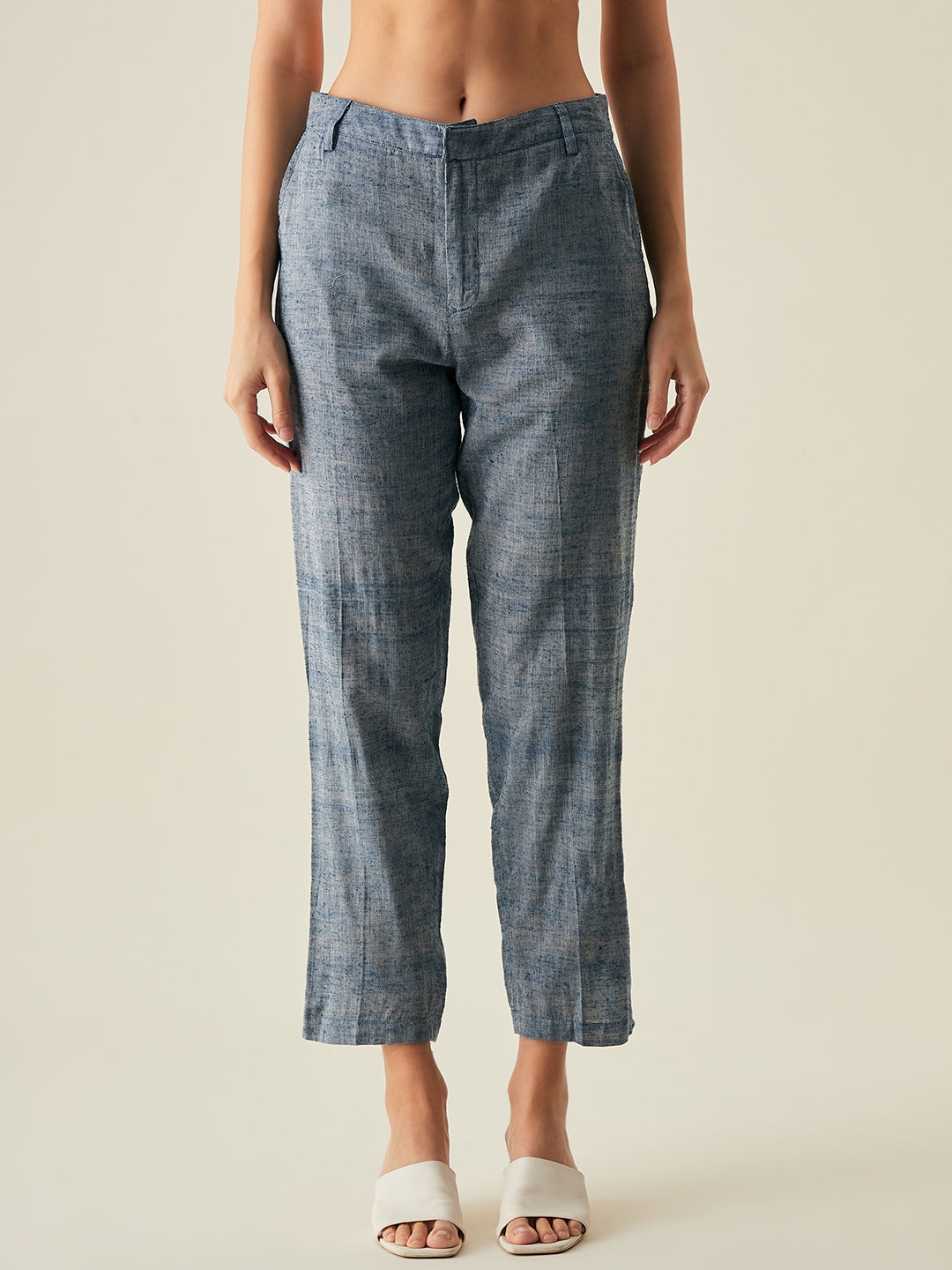 Straight Fit Silk-Cotton Blue Trousers for Women