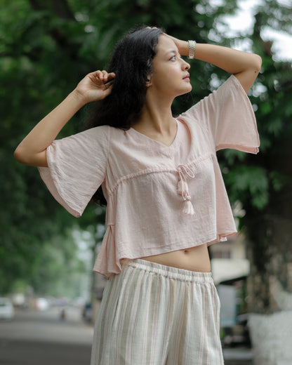 Pink cotton top with flared half sleeves for women