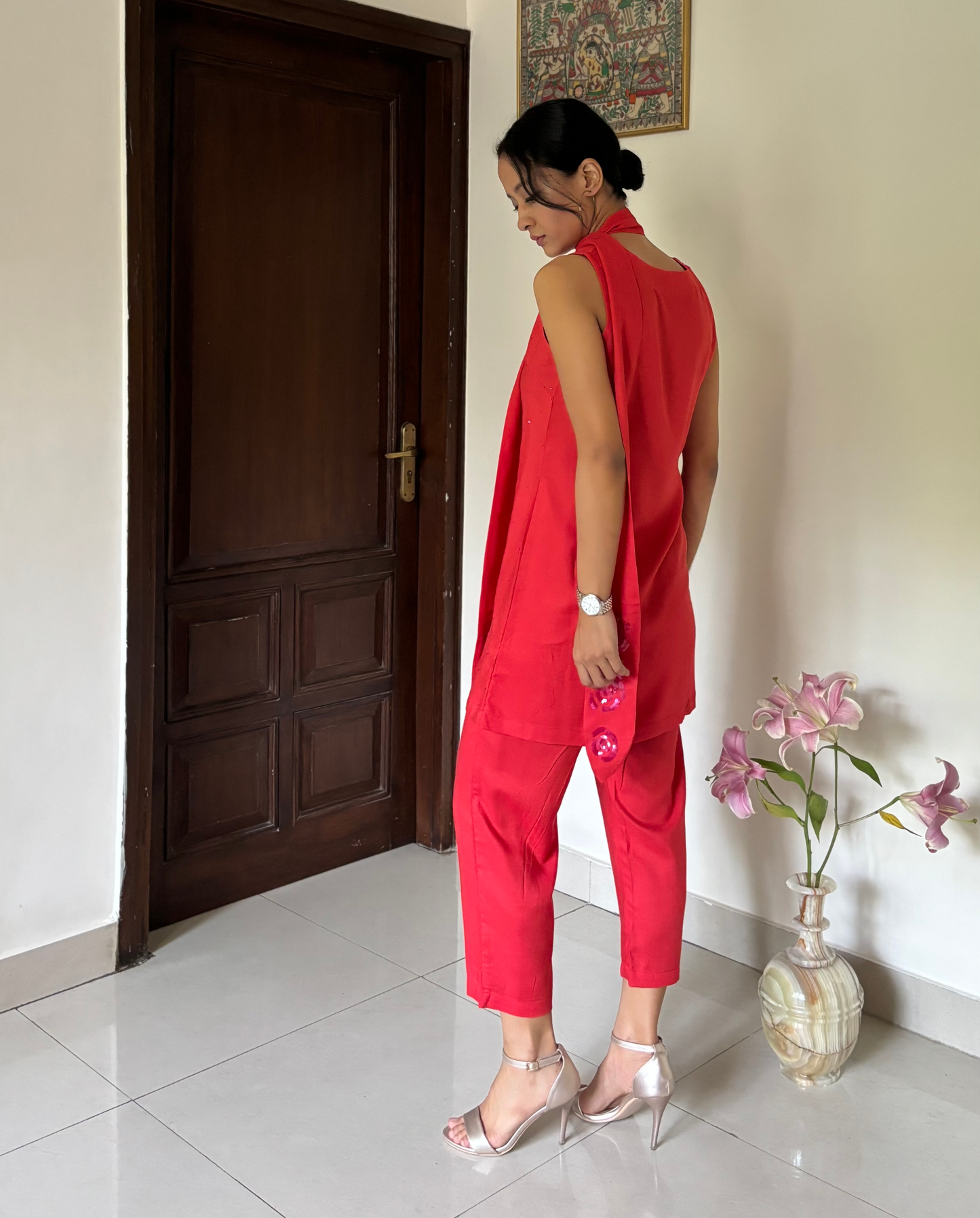 Cherry Red  Sleeveless Hand Embroidered Short Kurta Set