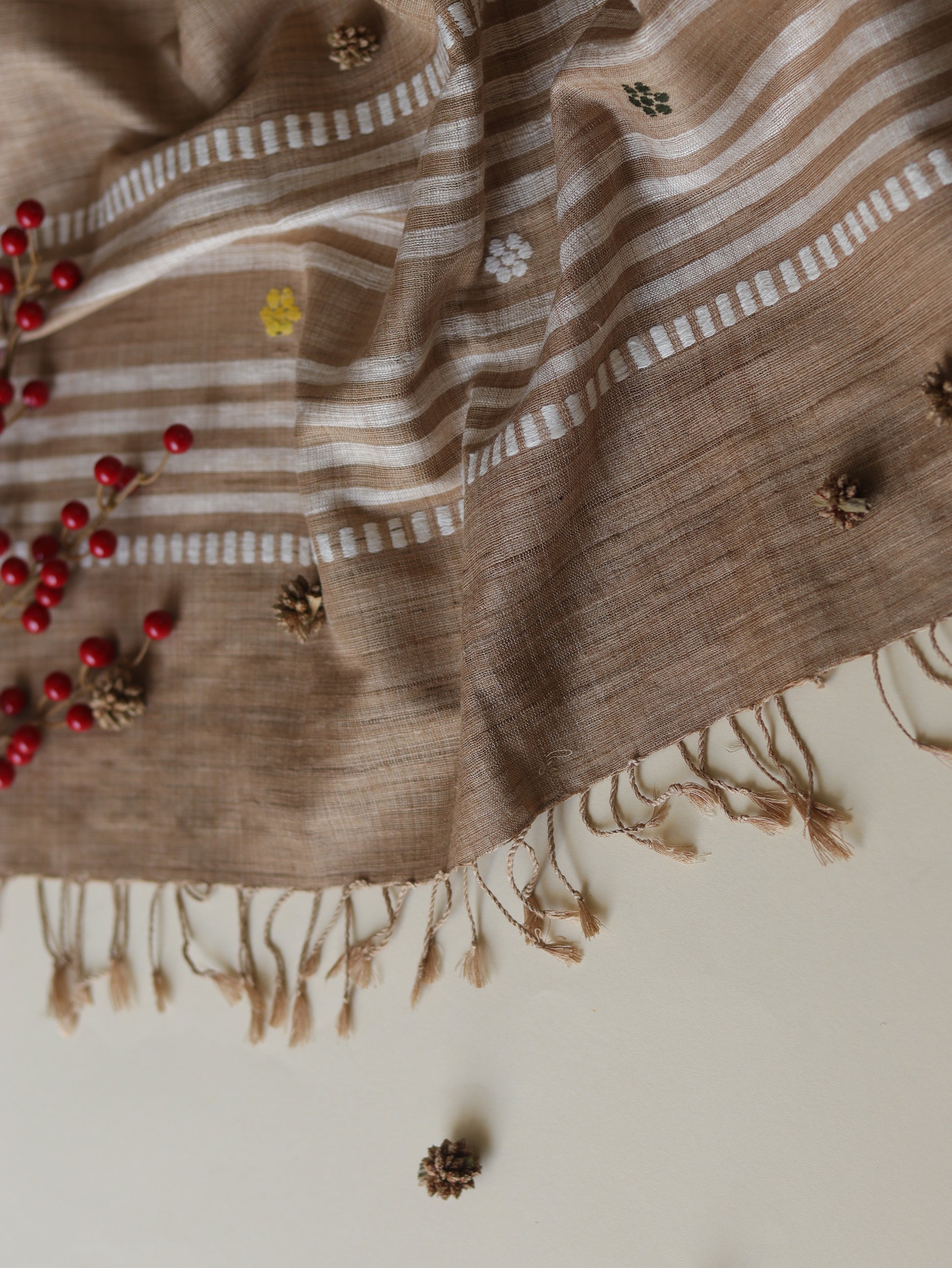 Ahimsa Silk Scarf in brown with geometric and flower motifs