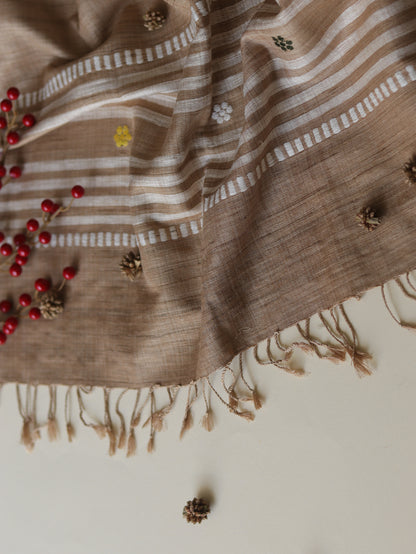 Ahimsa Silk Scarf in brown with geometric and flower motifs