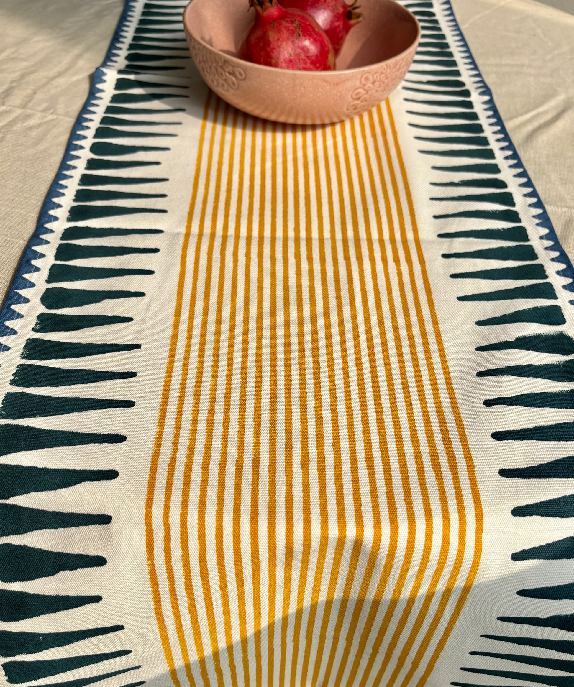 Hand Block Printed Table Runner | Blue & Yellow