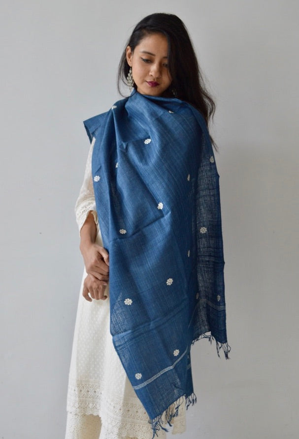 Indigo blue Eri pure silk scarf