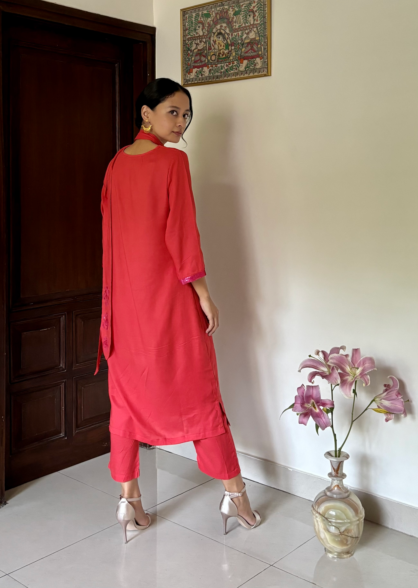 3/4th Sleeve Round Neck Kurta Set in Cherry Red