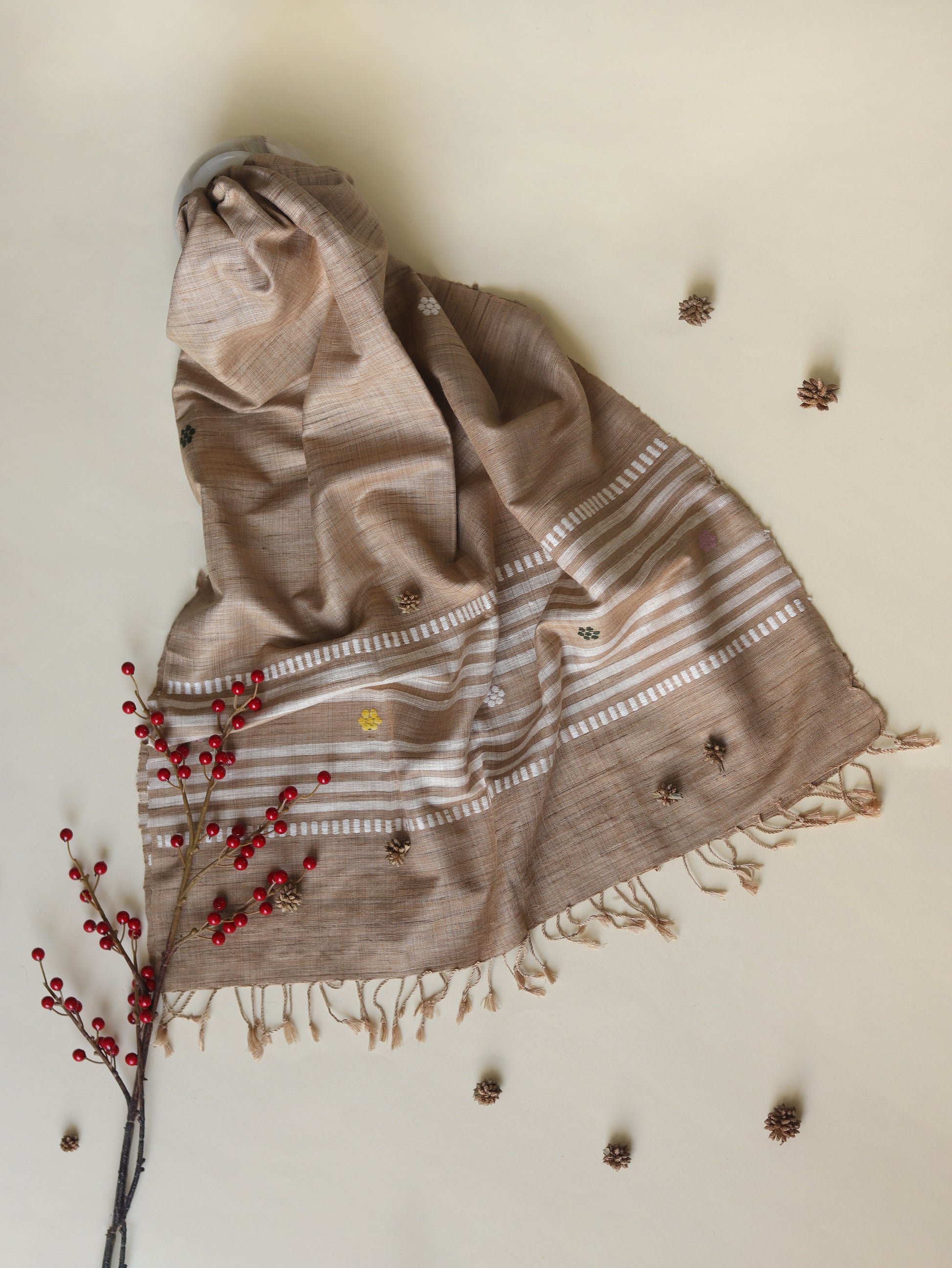 Ahimsa Silk Scarf in brown with geometric and flower motifs