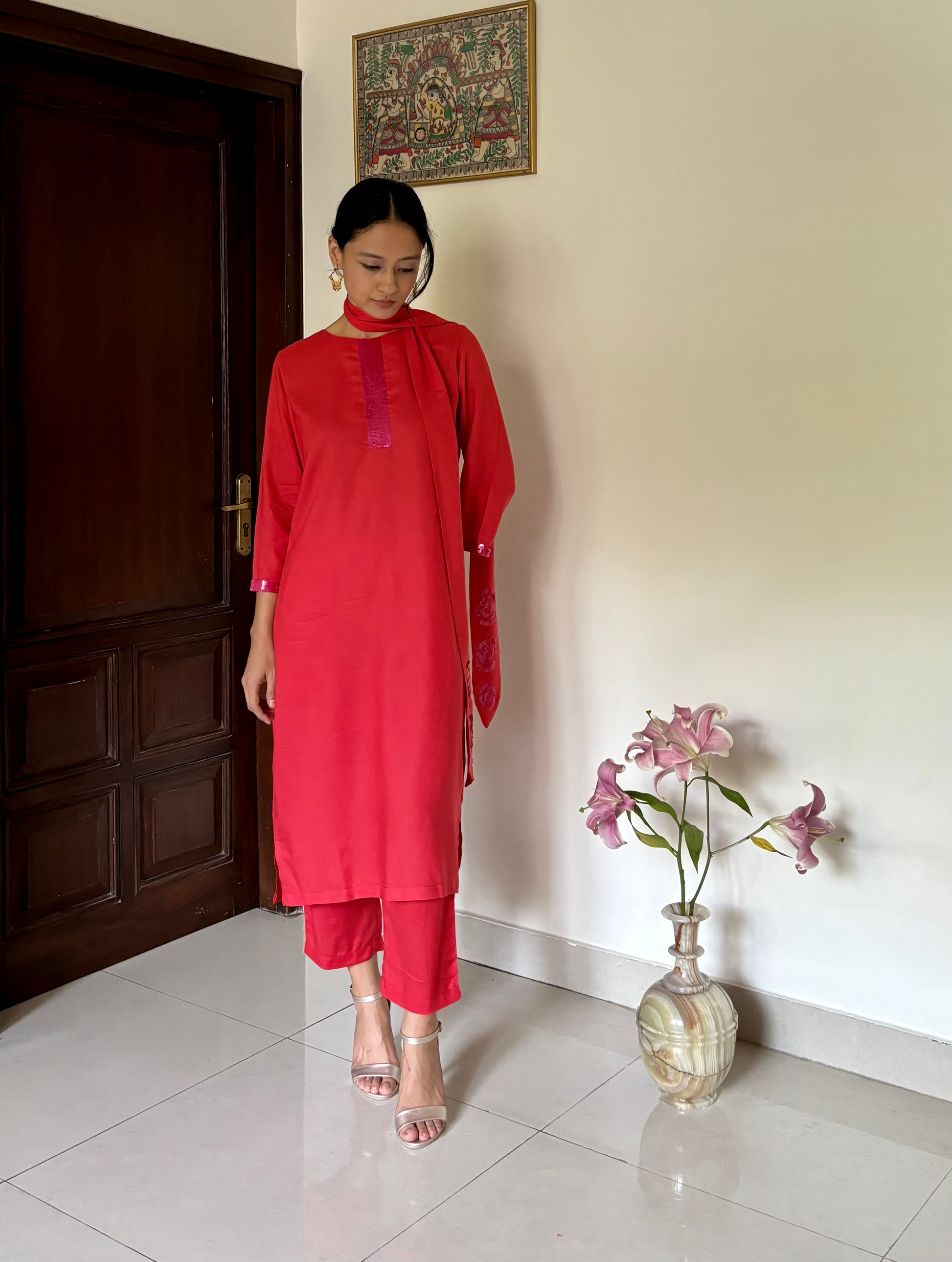 3/4th Sleeve Round Neck Kurta Set in Cherry Red