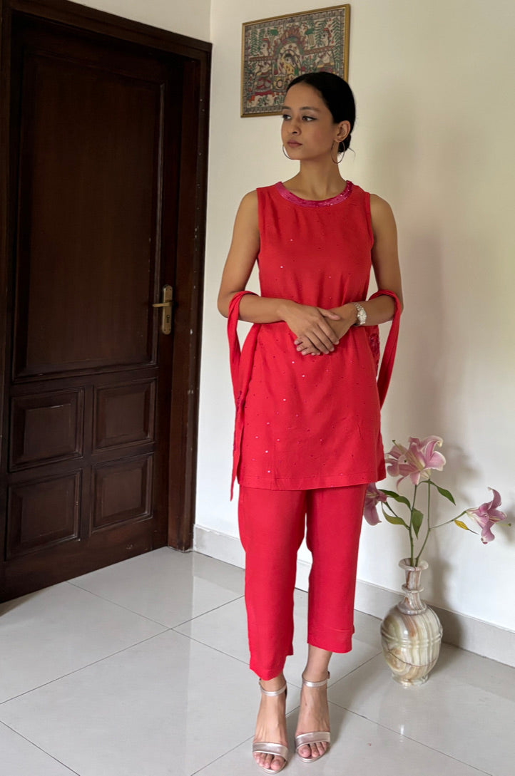 Cherry Red  Sleeveless Hand Embroidered Short Kurta Set