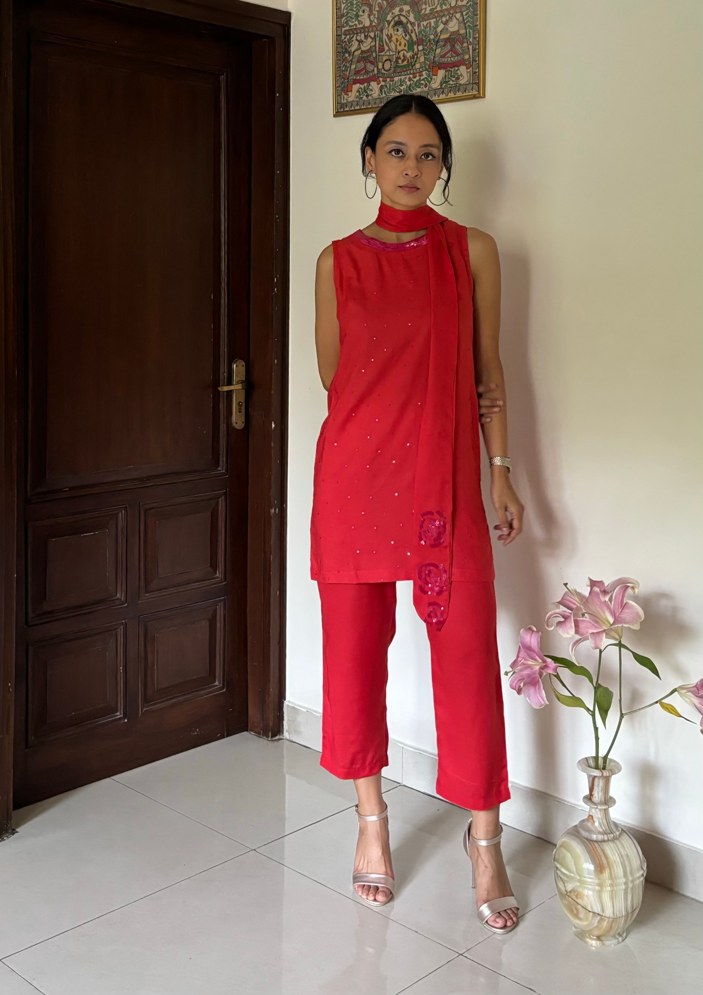 Cherry Red  Sleeveless Hand Embroidered Short Kurta Set