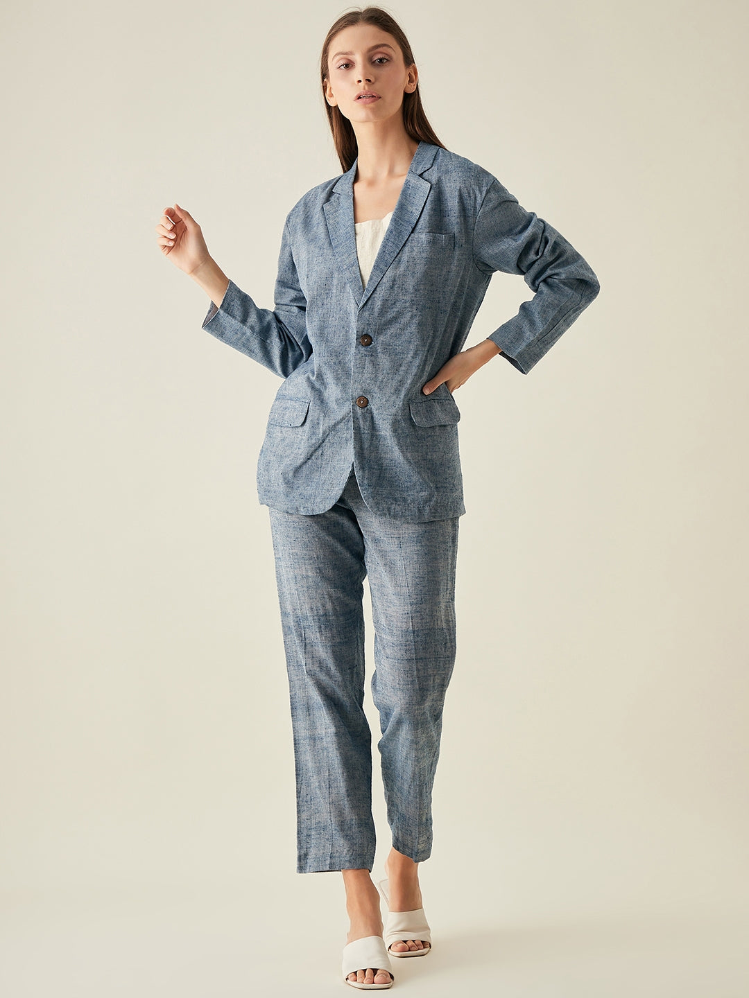 Straight Fit Silk-Cotton Blue Trousers for Women