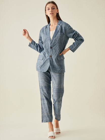 Straight Fit Silk-Cotton Blue Trousers for Women