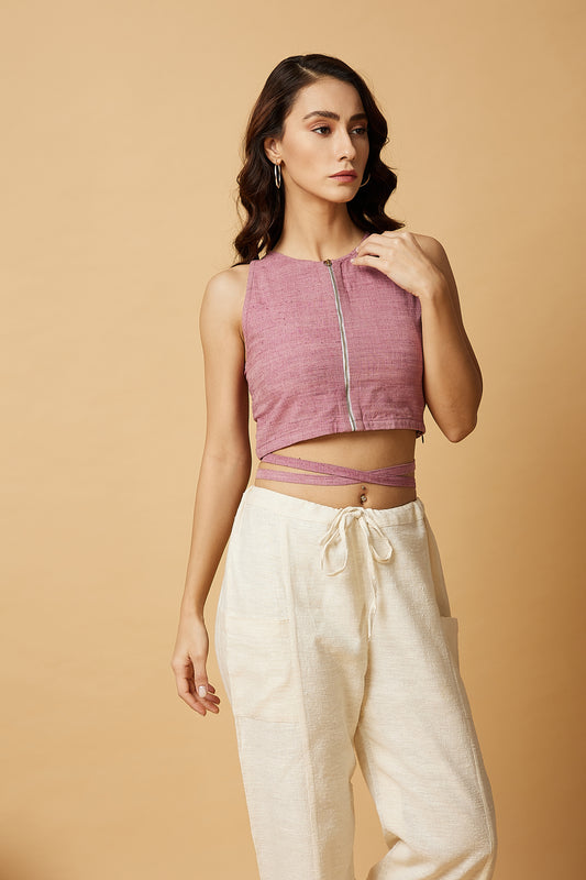 Crop top with zip detail and midriff ties in pink