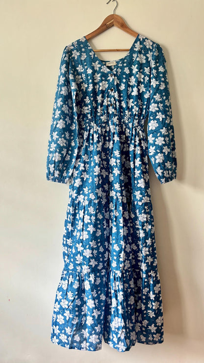 Blue floral long dress with long sleeves
