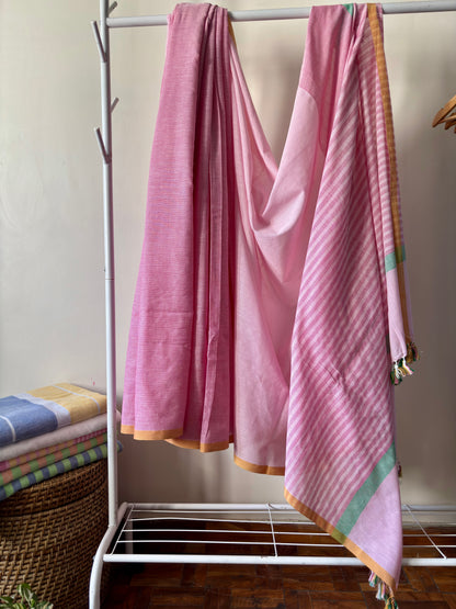 dark pink and light pink striped saree in pure cotton